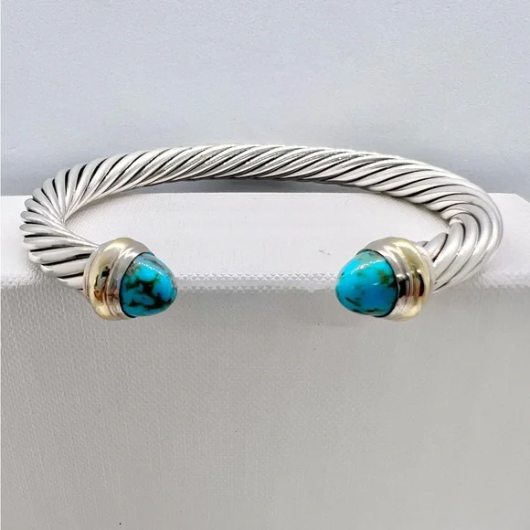 David Yurman Sterling Silver & 14K Gold Turquoise Cable Bracelet - Picture 4 of 14